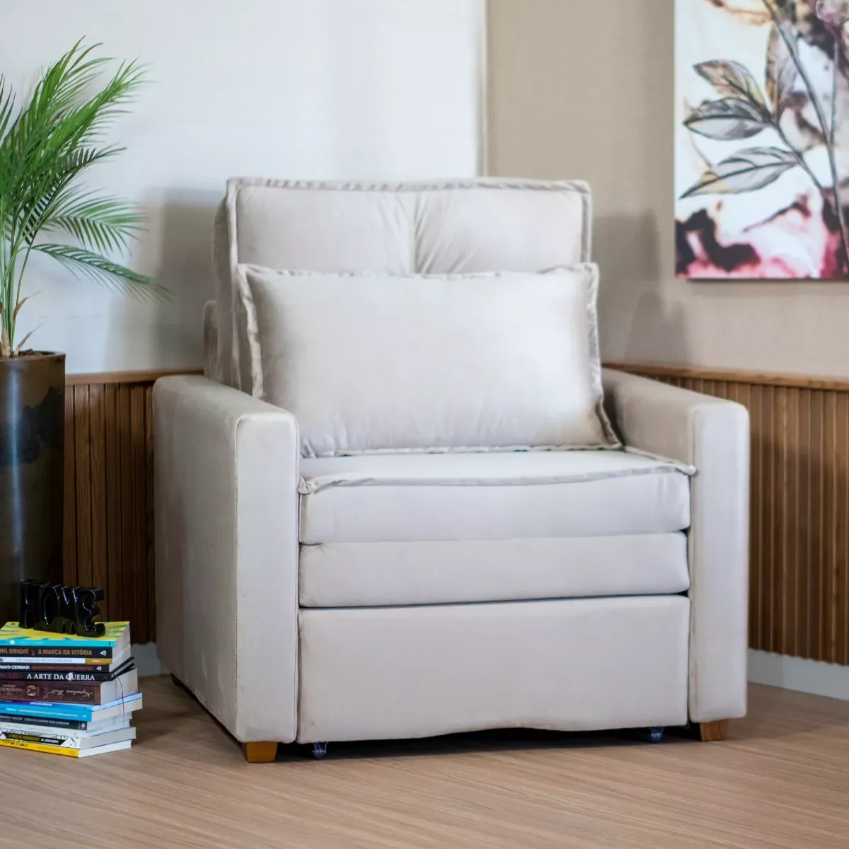 Ver imagem 1 de Poltrona Cama Solteiro Assento Dobrável Veludo Bege Sleep - Harmônica Móveis