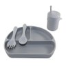 Kit Alimentação Bebe Prato Com Tampa Copo Garfo Colher Silicone BLW Cinza - 2