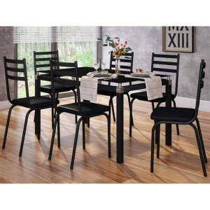 Conjunto de Mesa Malva Vidro Preto De 140 cm Com 6 Cadeiras 118 Preto Artefamol