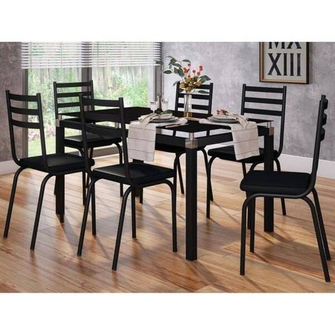 Conjunto de Mesa Malva Vidro Preto de 140 Cm com 6 Cadeiras 118 Preto Artefamol