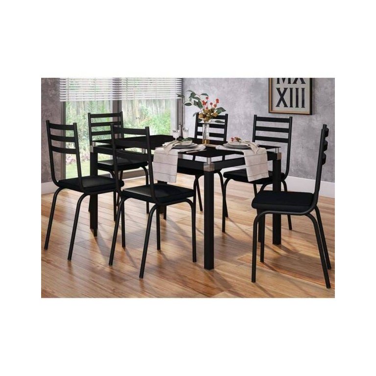 Conjunto de Mesa Malva Vidro Preto De 140 cm Com 6 Cadeiras 118 Preto Artefamol