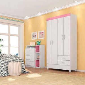 Guarda-Roupa Solteiro 4 Portas Astro Branco Rosa Demóbile
