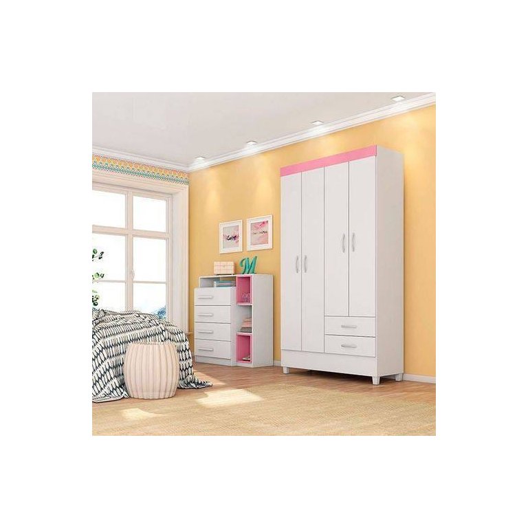 Guarda-Roupa Solteiro 4 Portas Astro Branco Rosa Demóbile