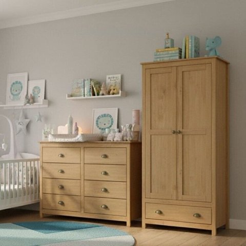 Conjunto Infantil Guarda-roupa 2 Portas e Cômoda 8 Gavetas 100% Madeira Maciça - Topázio Finestra