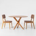 Ver imagem 2 de Conjunto Mesa de Jantar Thai Redonda Carvalho Americano - 1,20m + 2 Cadeiras Lalá Estofada PU - Cogn