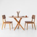 Ver imagem 1 de Conjunto Mesa de Jantar Thai Redonda Carvalho Americano - 1,20m + 2 Cadeiras Lalá Estofada PU - Cogn