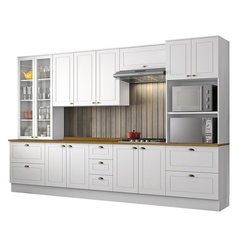 Cozinha Completa 6 Peças Americana Branco com Cristaleira Tampo Nature - Móveis Henn Cozinha Completa 6 Peças Americana Branco com Cristaleira Tampo Nature - Móveis Henn