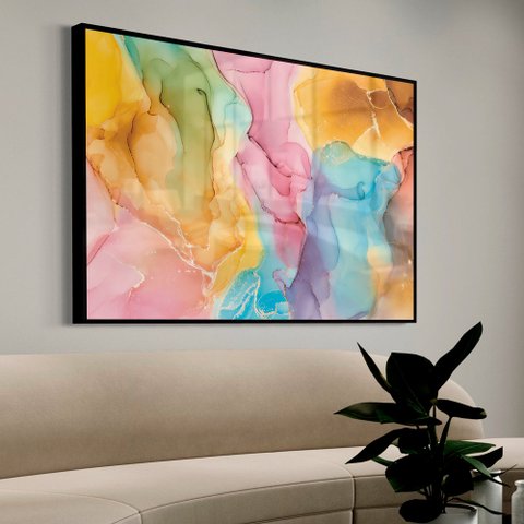 Quadro Decorativo Abstrato Arco-íris em Moldura Caixa Tacolado Moldura Trad 1cm Madeira Escura sem V