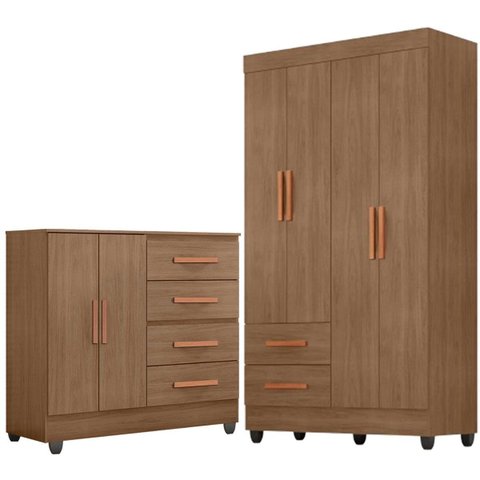 Kit Guarda-Roupa Solteiro 4 Portas e Cômoda Sapateira 2 Portas Lisa Carvalho Oak