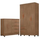 Ver imagem 1 de Kit Guarda-Roupa Solteiro 4 Portas e Cômoda Sapateira 2 Portas Lisa Carvalho Oak