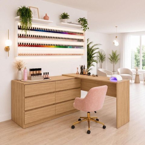 Mesa Profissional para Manicure em L com 6 Gavetas Elegance Multimóveis MP6067 Madeirado