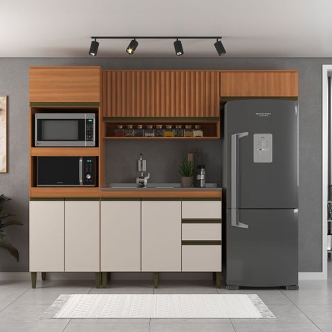 Cozinha Compacta Cecilia 7 Portas 3 Gavetas Ripado Freijó/off White - Jcarvalho