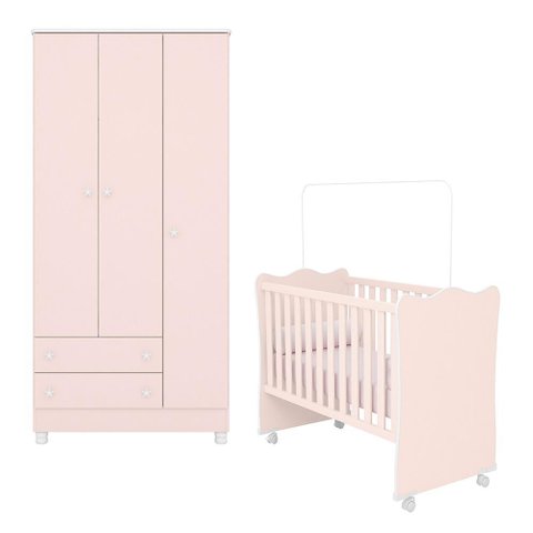 Jogo de Quarto Infantil Doce Sonho Guarda Roupa 3 Portas e Berço Rosa Acetinado com Rodízio -