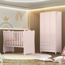 Ver imagem 2 de Jogo de Quarto Infantil Doce Sonho Guarda Roupa 3 Portas e Berço Rosa Acetinado com Rodízio -