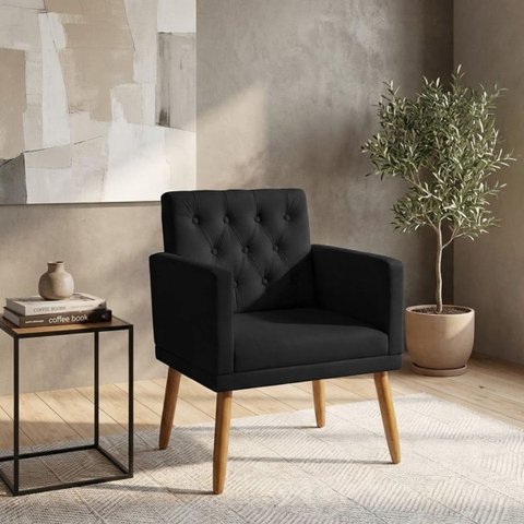 Poltrona Decorativa para Sala de Espera Tecido Suede Estrutura Resistente Pé em Madeira Natural