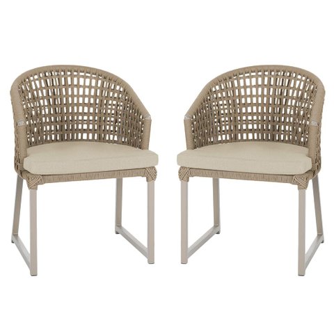 2 Cadeira Noronha Aluminio Micro Pintura Champanhe, Tr. Telinha Corda Nautica Rami, Estofado - Bege