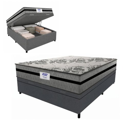 Cama Box Baú Casal Colchão Gazin com Molas Ensacadas Rubi 138x188x73cm Suede Cinza/Preto