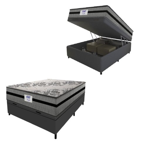 Cama Box Baú Casal Colchão Gazin com Molas Ensacadas Rubi 138x188x73cm Suede Cinza/preto