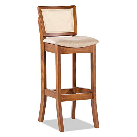 Banqueta Alta Portugal em Madeira com Encosto em Rattan Estofada Linho Bege M58 Rmi