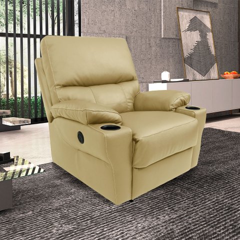 Poltrona do Papai Sala de Cinema Mia Reclinável Retrátil Power Elétrico Base Fixa Couro Bege G40 - G