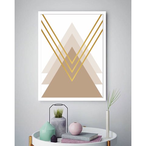 Quadro Decorativo Abstrato Triângulos Bege - 70x50cm:moldura Branca