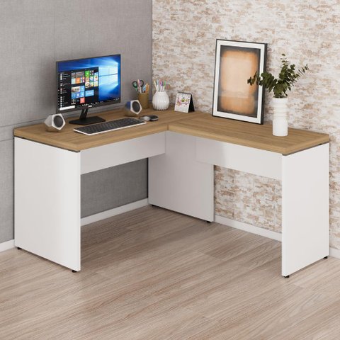 Mesa em L Escrivaninha 1,20m X 1,50m Escritório F5 Office Cor:macadâmia com Branco