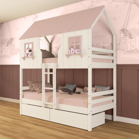 Beliche Casinha Encantada com 02 Gavetas Madeira Maciça Branco/ Rosa Megamobilia