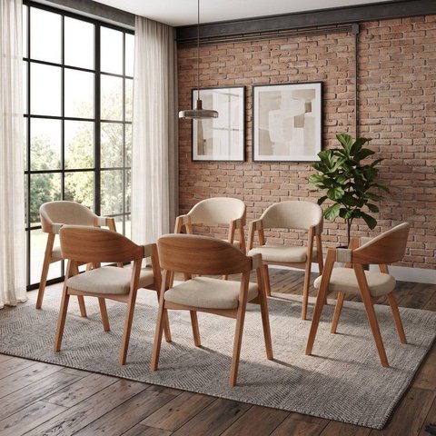 Kit 6 Cadeiras de Jantar 60cm com Braços e Encosto Estofado