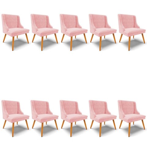 Kit 10 Cadeiras Estofadas para Sala de Jantar Pés Palito Lia Suede Rosa Bebê - Ibiza