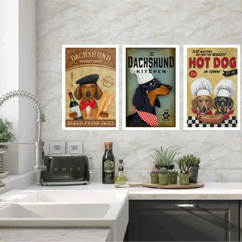 Kit 3 Quadros para Cozinha Dachshund 24x18cm - com Vidro:moldura Preta