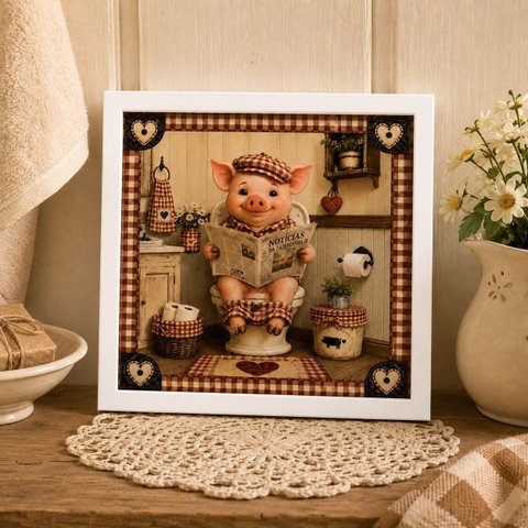 Quadro Country Porquinho Banheiro 33x33 Mold Branca Vidro