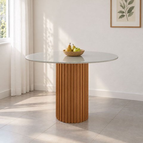 Sala de Jantar Mesa Jolie Tampo Redondo Vidro 100cm e Base em MDF