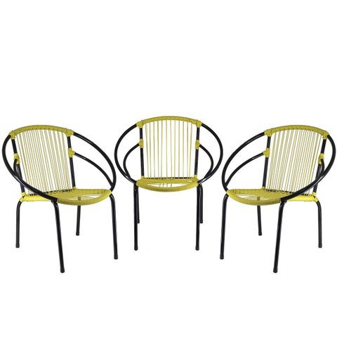 Conjunto de 3 Cadeiras Eclipse Artesanal Amarelo de Área,Fibra Sintética Varanda, Decoração.