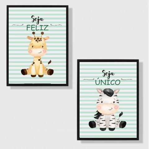 Kit 2 Quadros Infantil Tema Safari Seja Feliz 45x34cm:Madeira preta
