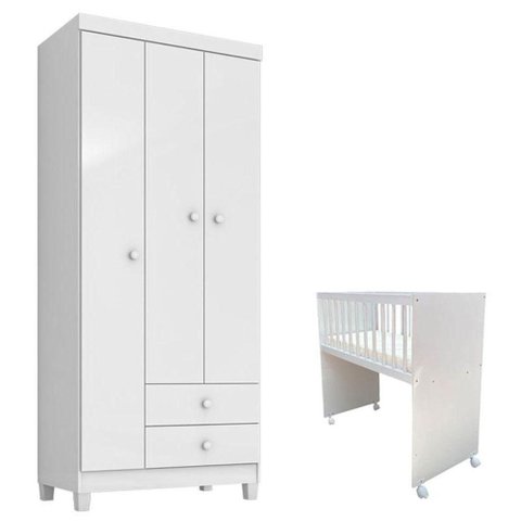 Mini Berço Moisés Alegria com Colchão e Guarda Roupa 3 Portas Ternura Baby Branco Flex -