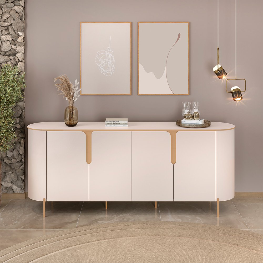 Buffet Decorativo América 4 Portas Pés Metálicos Dourados Off White G18 - Gran Belo - 6