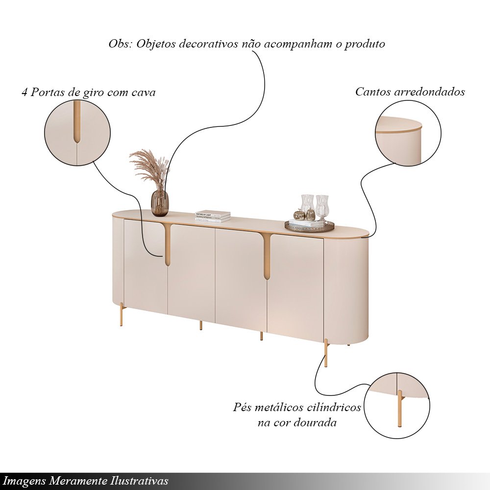 Buffet Decorativo América 4 Portas Pés Metálicos Dourados Off White G18 - Gran Belo - 3