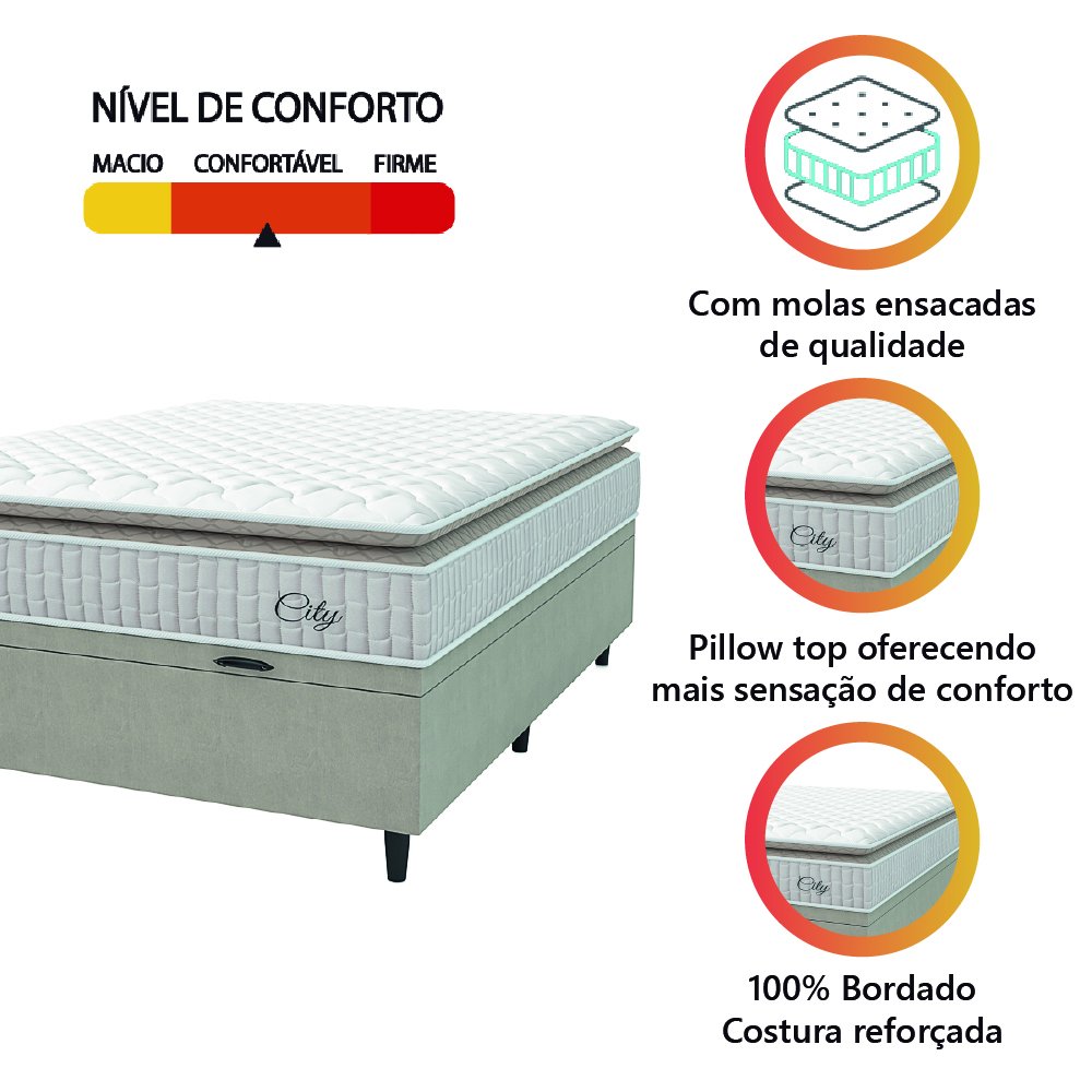 Cama Box Baú Colchão Casal Molas Ensacadas City Pillow Top 138x188x64cm Branco / Bege Hellen - 6