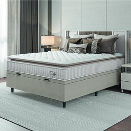 Cama Box Baú Colchão Casal Molas Ensacadas City Pillow Top 138x188x64cm Branco / Bege Hellen - 1