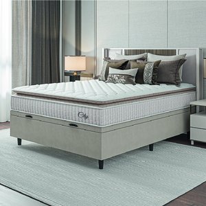 Cama Box Baú Colchão Casal Molas Ensacadas City Pillow Top 138x188x64cm Branco / Bege Hellen