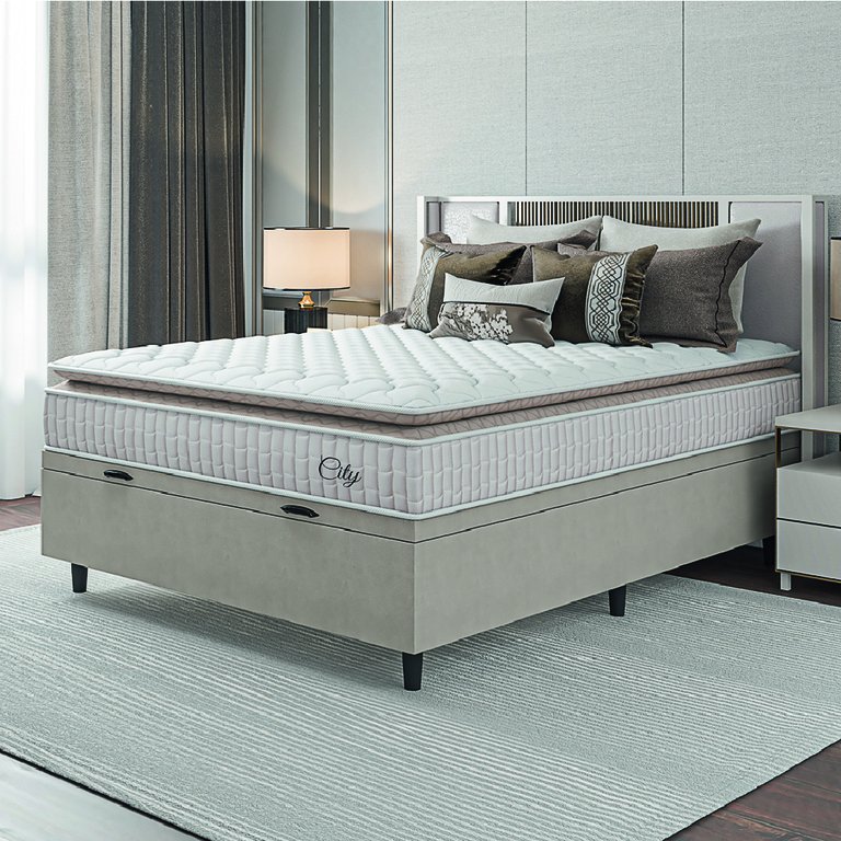Cama Box Baú Colchão Casal Molas Ensacadas City Pillow Top 138x188x64cm Branco / Bege Hellen