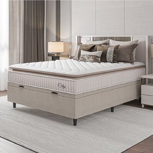 Cama Box Baú Colchão Casal Molas Ensacadas City Pillow Top 138x188x64cm Branco / Bege Hellen