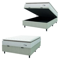 Cama Box Baú Colchão Casal Molas Ensacadas City Pillow Top 138x188x64cm Branco / Bege Hellen - 3