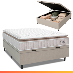 Cama Box Baú Colchão Casal Molas Ensacadas City Pillow Top 138x188x64cm Branco / Bege Hellen - 4