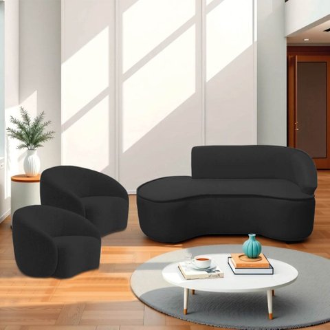 Kit Divã Recamier Orgânico Marrocos 200cm Lado Esquerdo e 2 Poltronas Amore Bouclé Preto