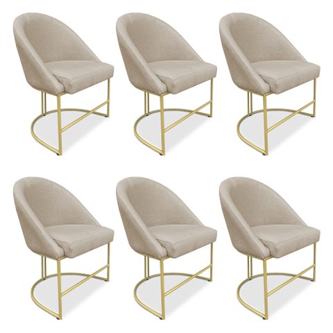 Kit 06 Cadeiras Poltrona de Jantar Bela Suede Bege Base Metálica Industrial Dourado - Pallazio