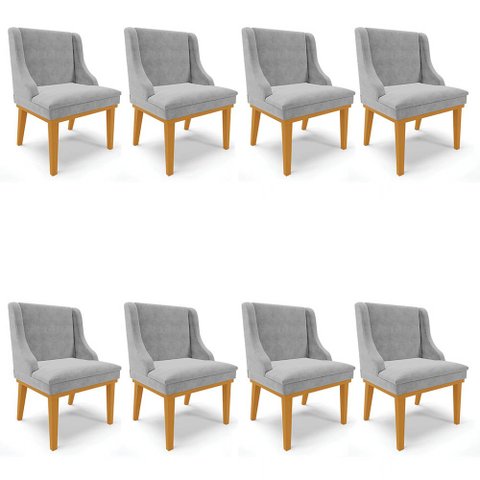 Kit 8 Cadeiras Estofadas para Sala de Jantar Base Fixa de Madeira Castanho Lia Suede Cinza - Ibiza
