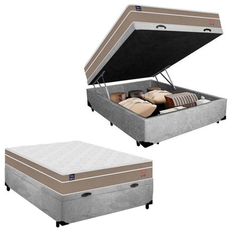 Cama Box Baú Casal Suede + Colchão Lis Molas Ensacadas Plumatex 138x188x64cm Cor:cinza