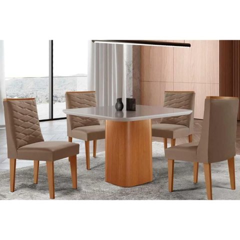 Sala de Jantar Completa Maldivas C/ Tampo Madeirado C/ Vidro Canto Curvo 90x90cm e 4 Cadeiras