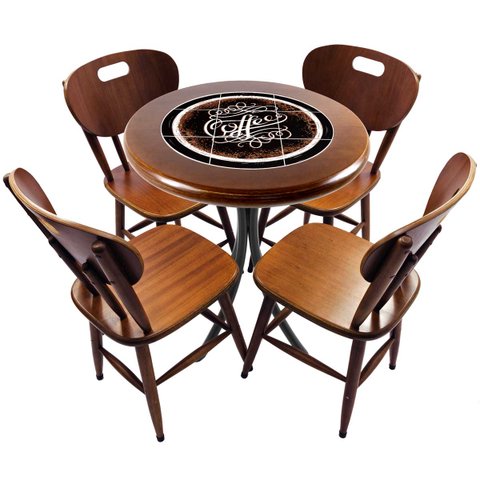 Cj Mesa Madeira Azulejo 60cm - Bistrô Fixa 78cm + 4 Cadeiras 43 - Natural - Coffee